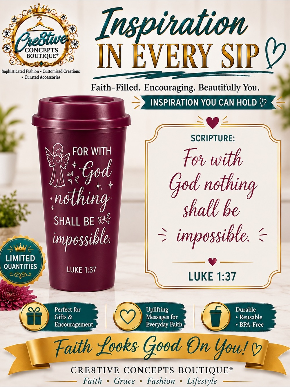 Inspirational Faith 16 oz Reusable Cup with Lid